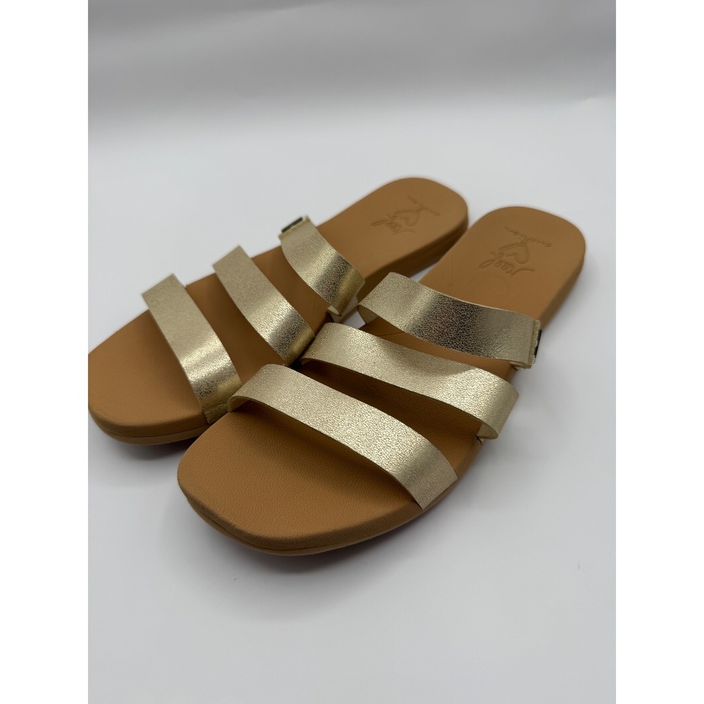 Reef Sandals Womens 8 Gold Metallic Triple Strap Slide Casual Flat Cushion